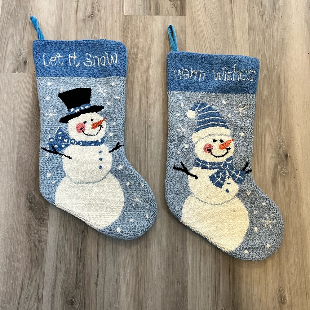Two Hand-hooked Needlepoint Stockings Blue With Snowmen Let It Snow 18”